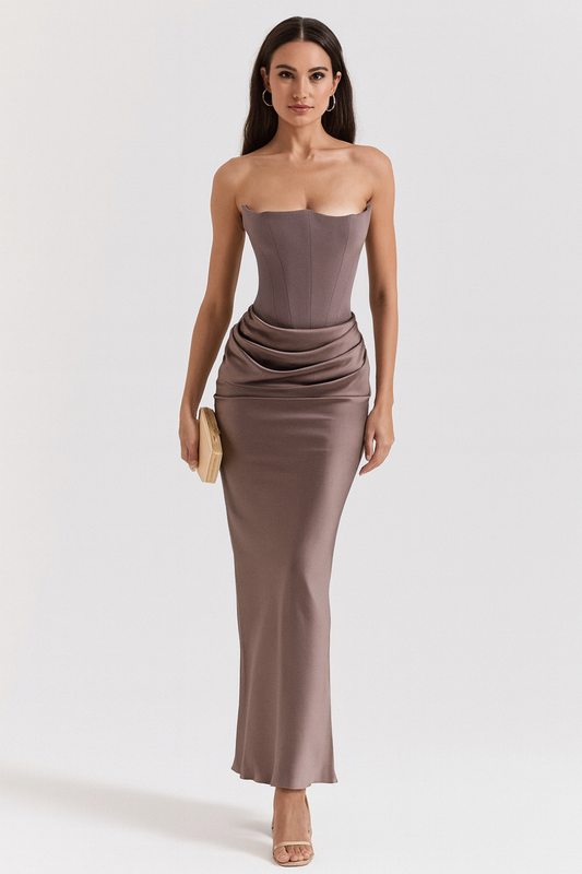Women's Strapless Maxi Dress Flowing Silhouette - VibreMode
