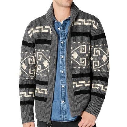 Men's Tribal Knit Cardigan Shawl Collar Zip-Up