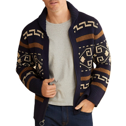 Men's Tribal Knit Cardigan Shawl Collar Zip-Up