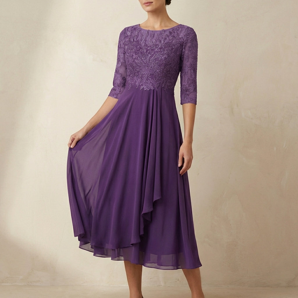 Women's Embroidered A-Line Midi Dress Sheer Sleeves