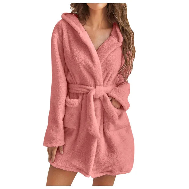 Women's Fluffy Hooded Bathrobe Soft Plush