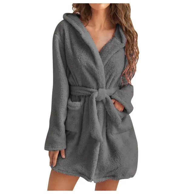 Women's Fluffy Hooded Bathrobe Soft Plush