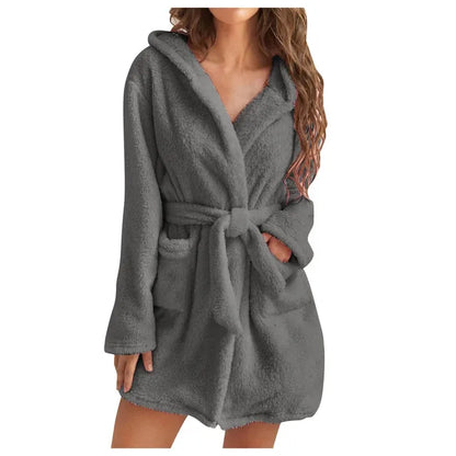 Women's Fluffy Hooded Bathrobe Soft Plush