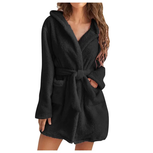 Women's Fluffy Hooded Bathrobe Soft Plush