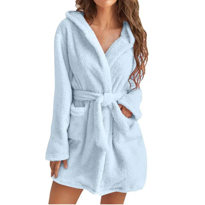 Women's Fluffy Hooded Bathrobe Soft Plush