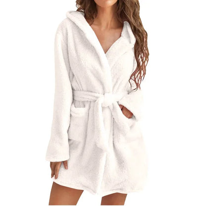 Women's Fluffy Hooded Bathrobe Soft Plush