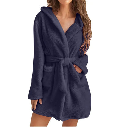 Women's Fluffy Hooded Bathrobe Soft Plush