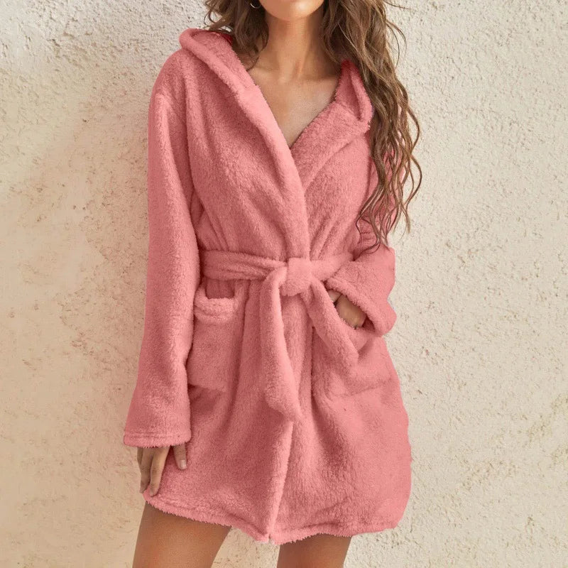 Women's Fluffy Hooded Bathrobe Soft Plush