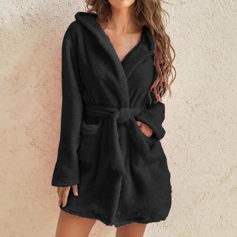 Women's Fluffy Hooded Bathrobe Soft Plush - VibreMode