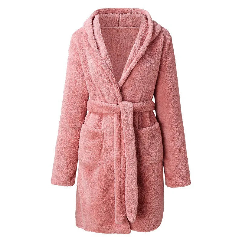 Women's Fluffy Hooded Bathrobe Soft Plush