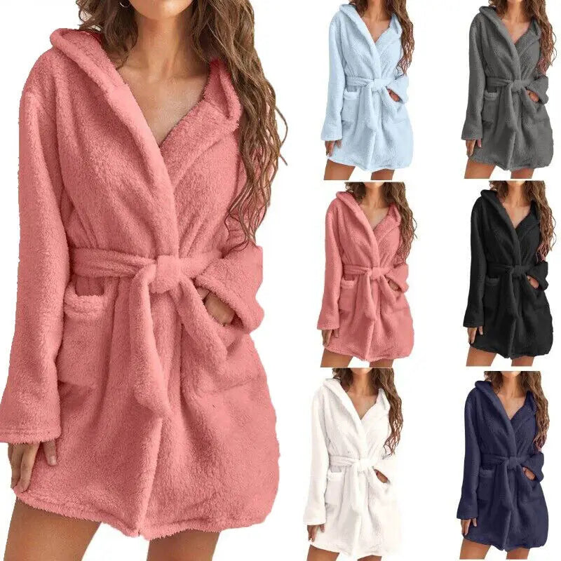Women's Fluffy Hooded Bathrobe Soft Plush