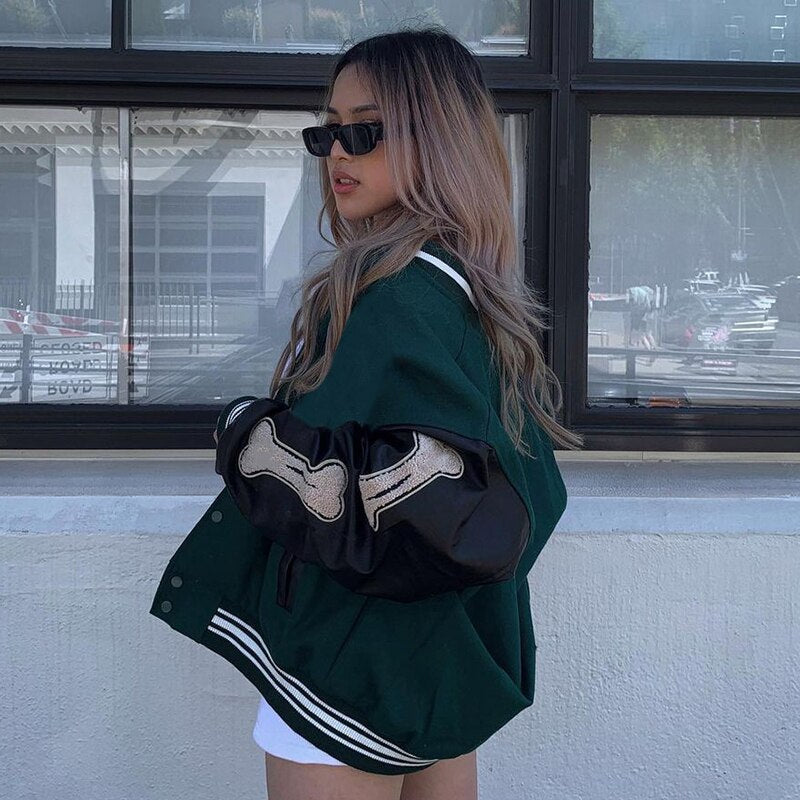 Women's Graphic Bomber Jacket Bone Sleeve Design