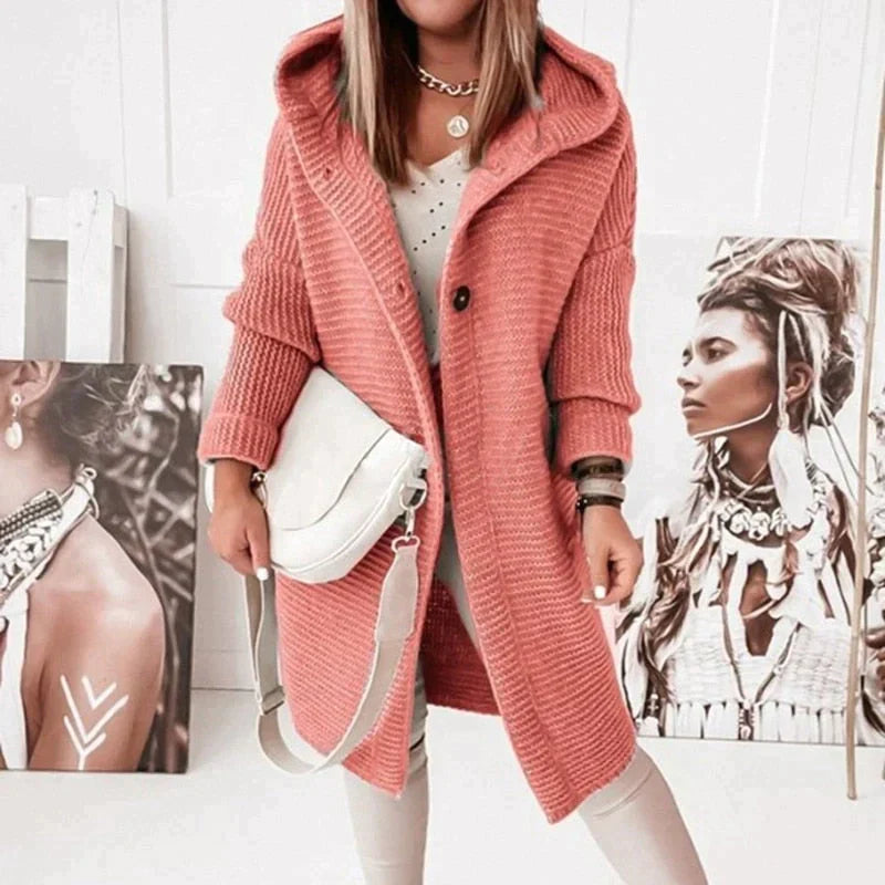 Women's Long Knit Cardigan Hooded Button Front