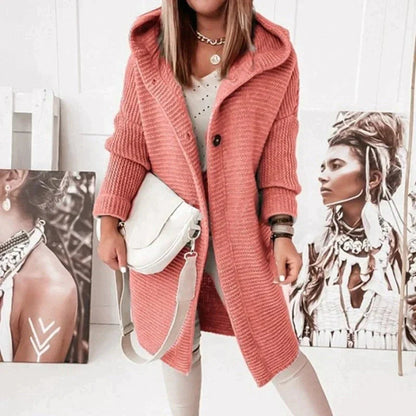 Women's Long Knit Cardigan Hooded Button Front