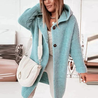 Women's Long Knit Cardigan Hooded Button Front