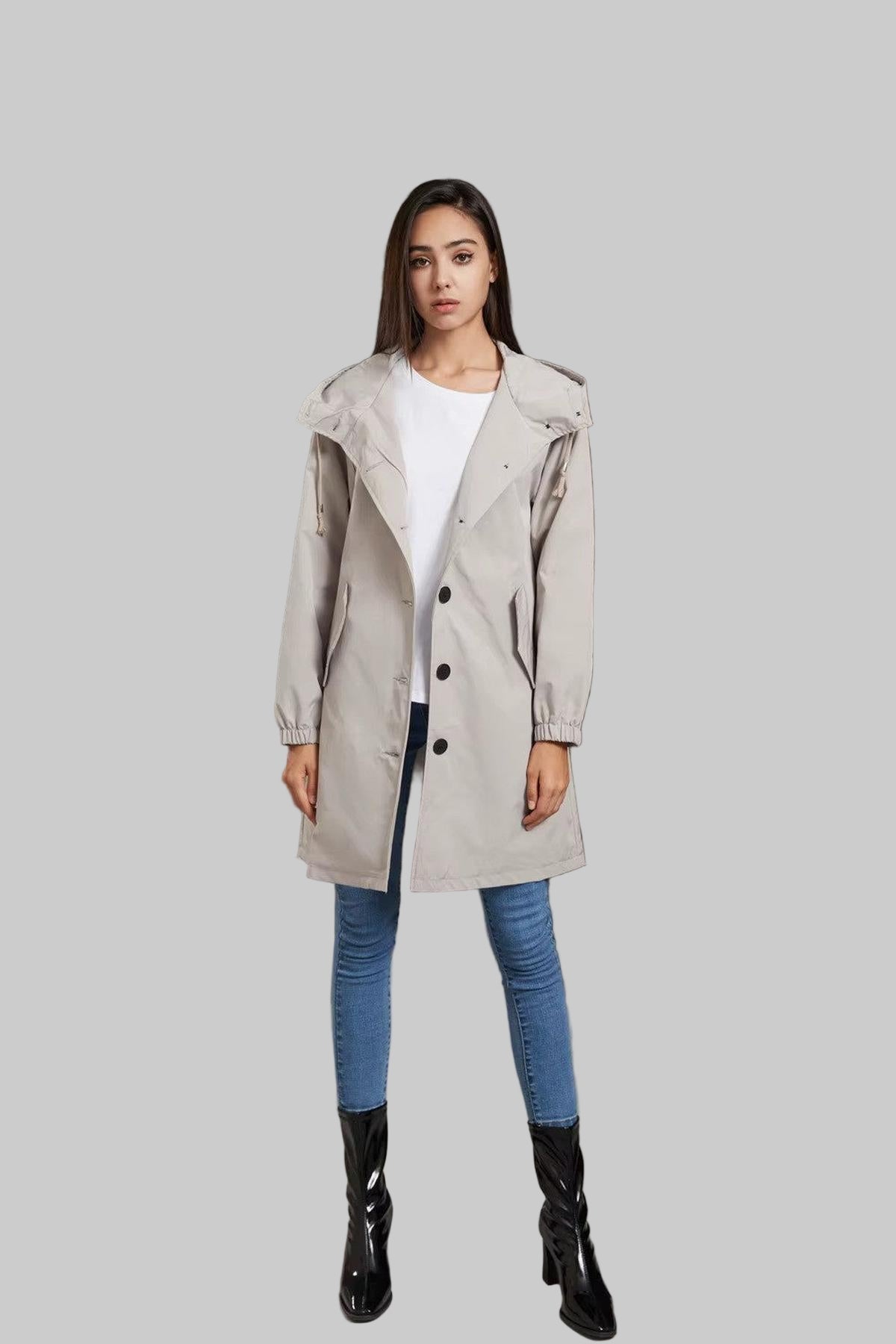 Women's Hooded Raincoat Trench Coat - VibreMode