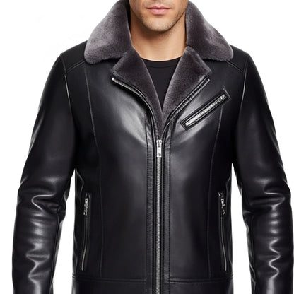 Men's Leather Motorcycle Jacket Fleece Lined Black