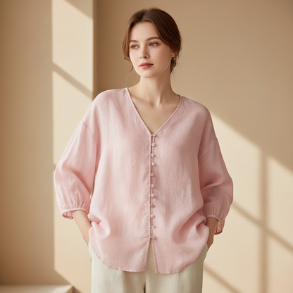 Women's V-Neck Linen Natural