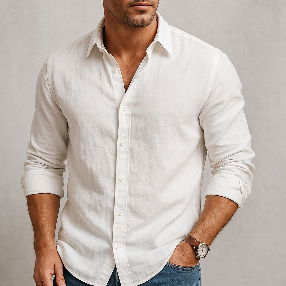 Men's Long Sleeve Woven Shirt Spread Collar Button Front