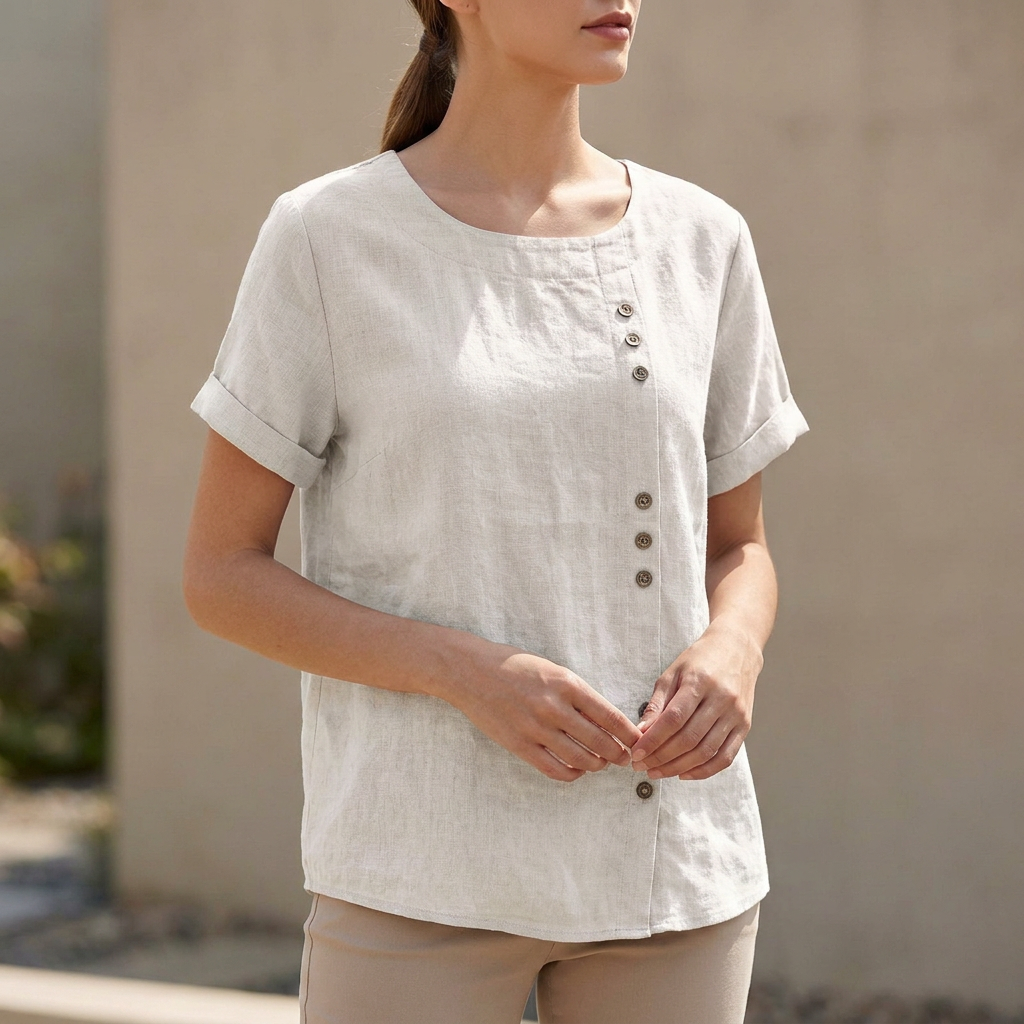 Women's Short Sleeve Blouse Asymmetric Button Detail - VibreMode