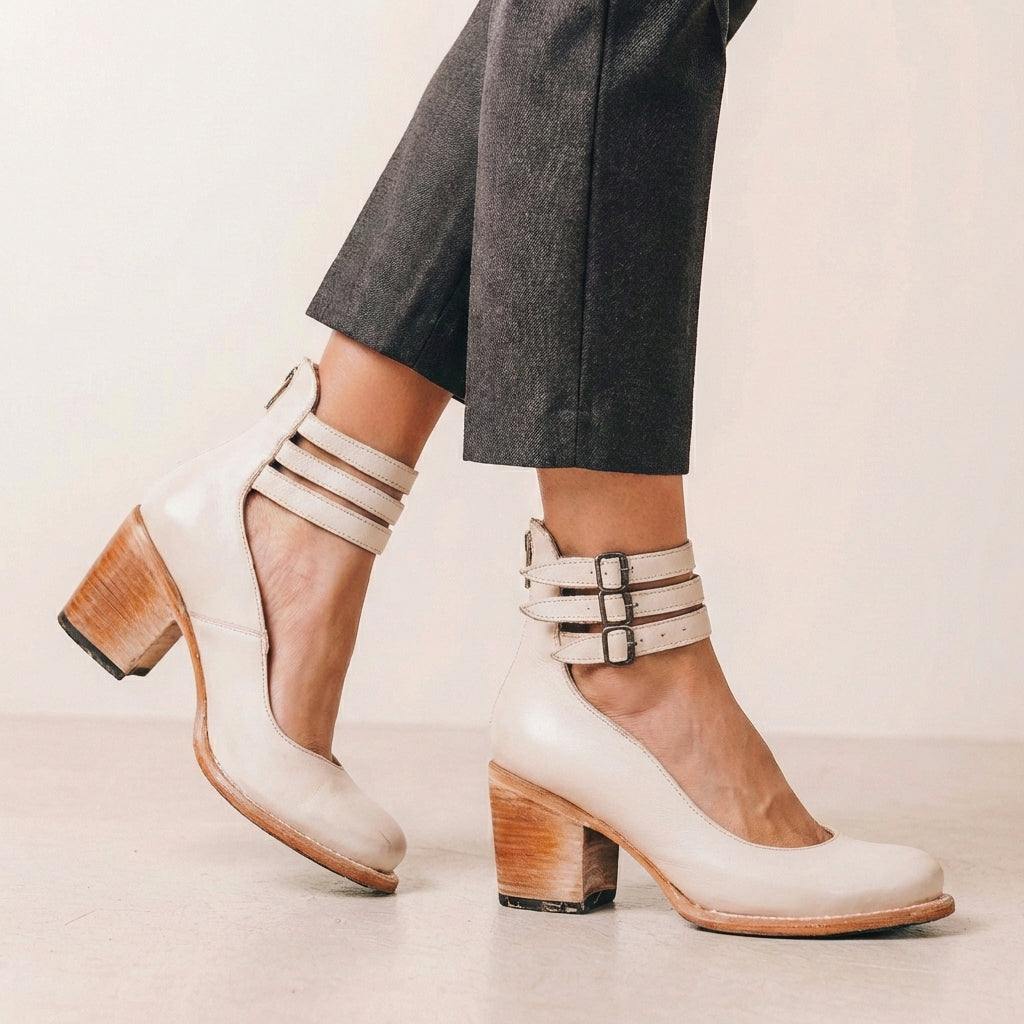 Vegan Leather Block Heel Pumps Buckled Ankle Straps