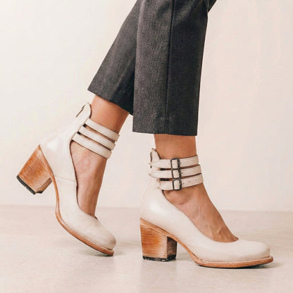 Vegan Leather Block Heel Pumps Buckled Ankle Straps
