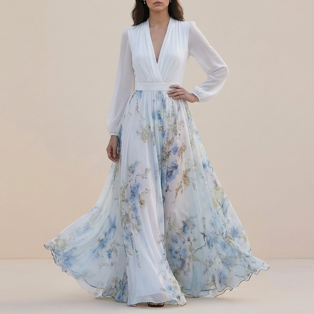 Women's Chiffon Maxi Dress Floral Belted Waist - VibreMode