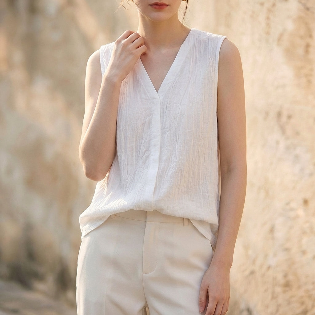 Women's V-Neck Sleeveless Pleated Crinkle Texture