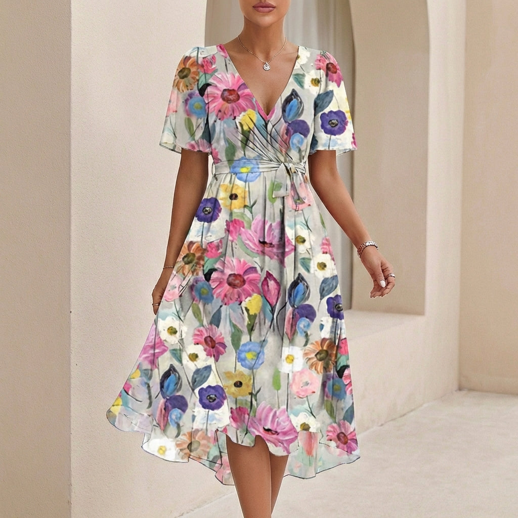 Women's Midi Wrap Dress Chiffon Tie Waist