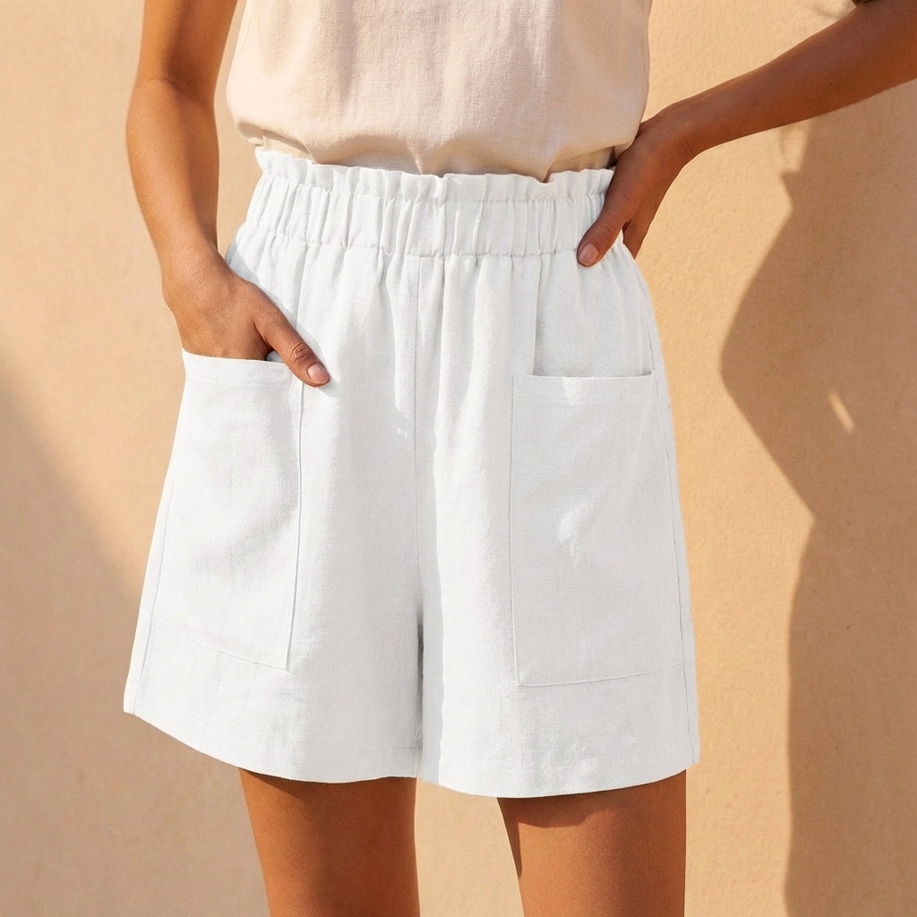 Women's Relaxed Fit Paperbag Shorts Cotton Casual Beige