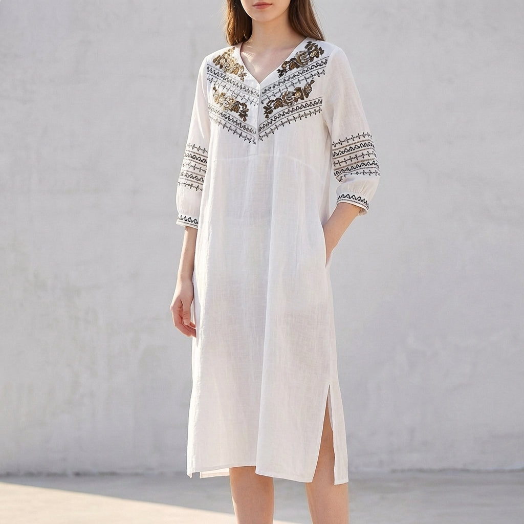 Women's Embroidered Midi Dress Split V-Neck - VibreMode