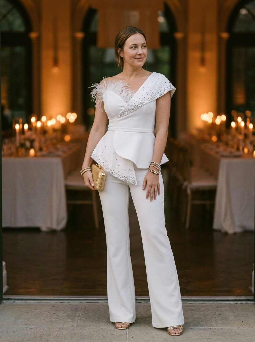 Women's Strapless Jumpsuit Peplum Waist Feather Detail - VibreMode