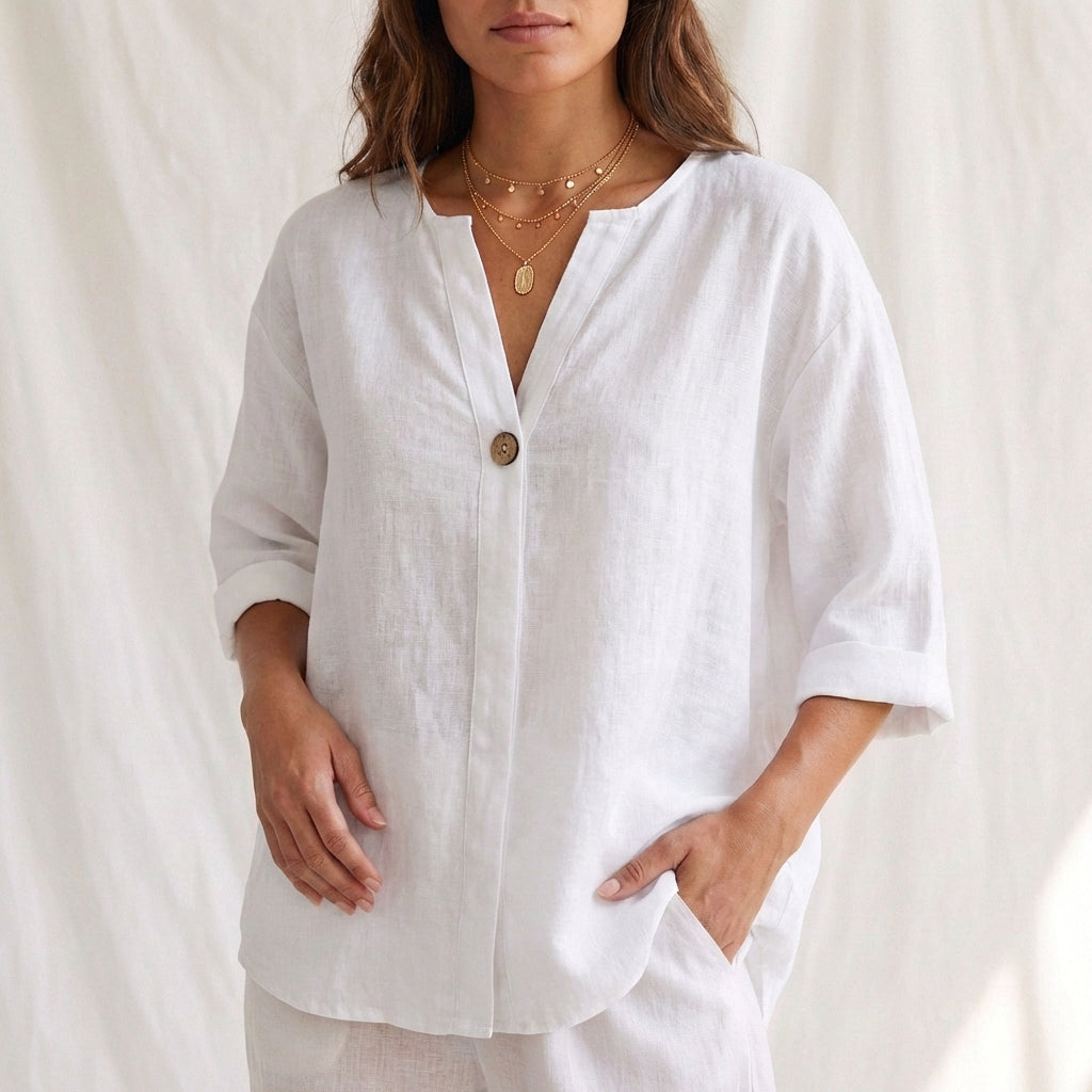 Women's Cotton Blouse V-Neck Cuffed Sleeves