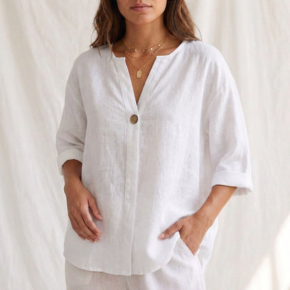 Women's Cotton Blouse V-Neck Cuffed Sleeves