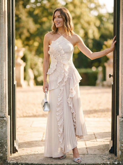 Women's Halter Maxi Dress Ruched Bodice Ruffled Skirt - VibreMode