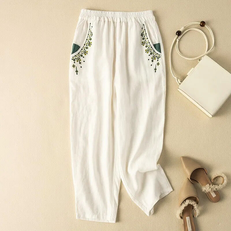 Linen Relaxed Fit Harem Pants Ankle Length Embroidered Pockets - VibreMode