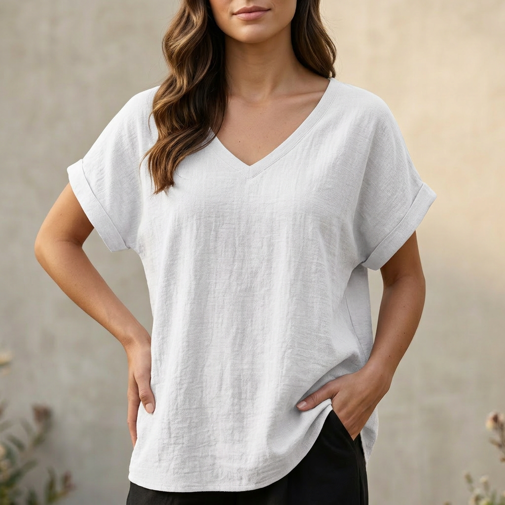 Women's V-Neck T-Shirt Relaxed Fit Asymmetrical Hem - VibreMode