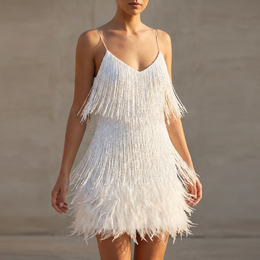 Women's Mini Dress Fringe Feather Beaded