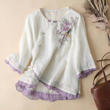 Women's Linen Blend Kimono Blouse Embroidered