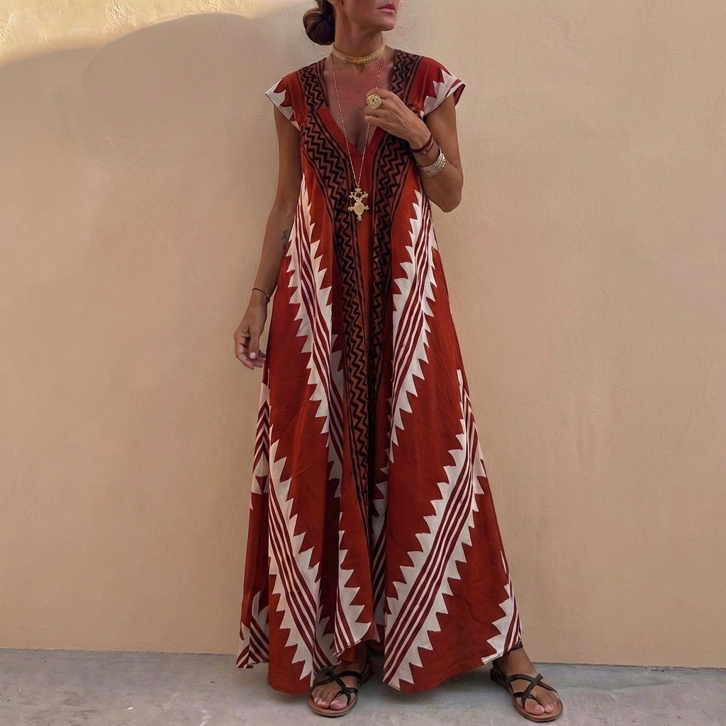 Bohemian A-Line Maxi Dress Deep V-Neck Geometric Print