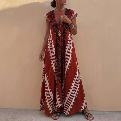Bohemian A-Line Maxi Dress Deep V-Neck Geometric Print