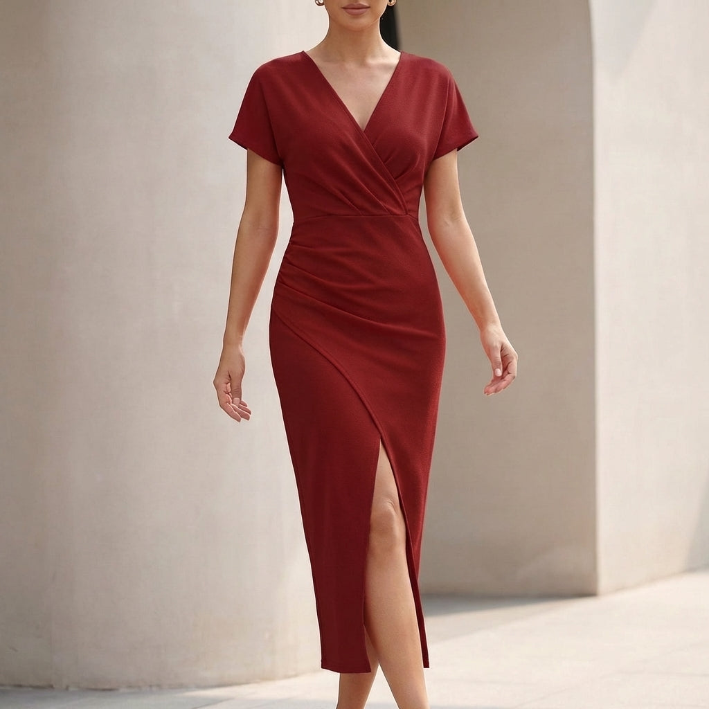 Women's Wrap Midi Dress Ruched Waist V-Neck