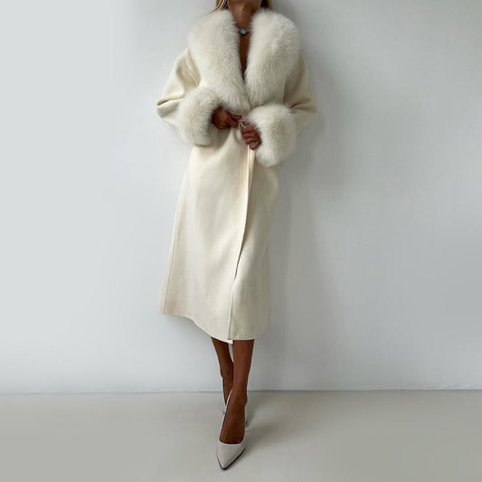 Women's Straight Fit Coat Belted Fur Trim Long Sleeve - VibreMode