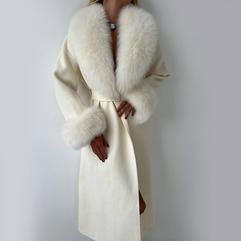Women's Straight Fit Coat Belted Fur Trim Long Sleeve