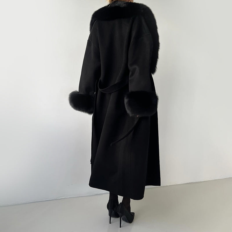 Women's Straight Fit Coat Belted Fur Trim Long Sleeve