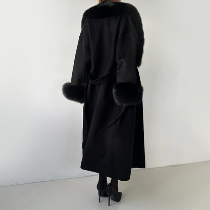 Women's Straight Fit Coat Belted Fur Trim Long Sleeve