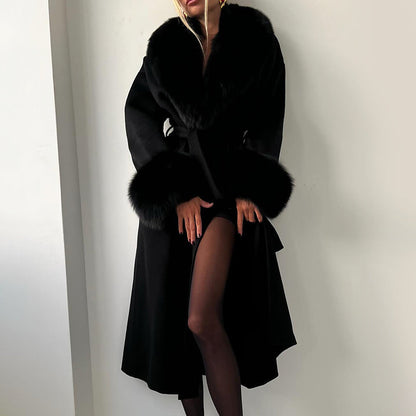 Women's Straight Fit Coat Belted Fur Trim Long Sleeve