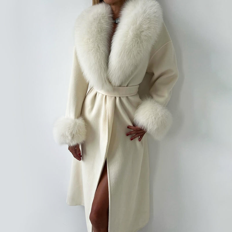 Women's Straight Fit Coat Belted Fur Trim Long Sleeve