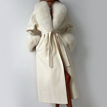 Women's Straight Fit Coat Belted Fur Trim Long Sleeve