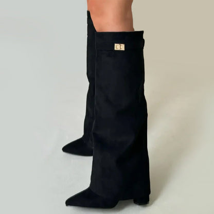 Women's Suede Knee High Boots Buckle Detail Brown